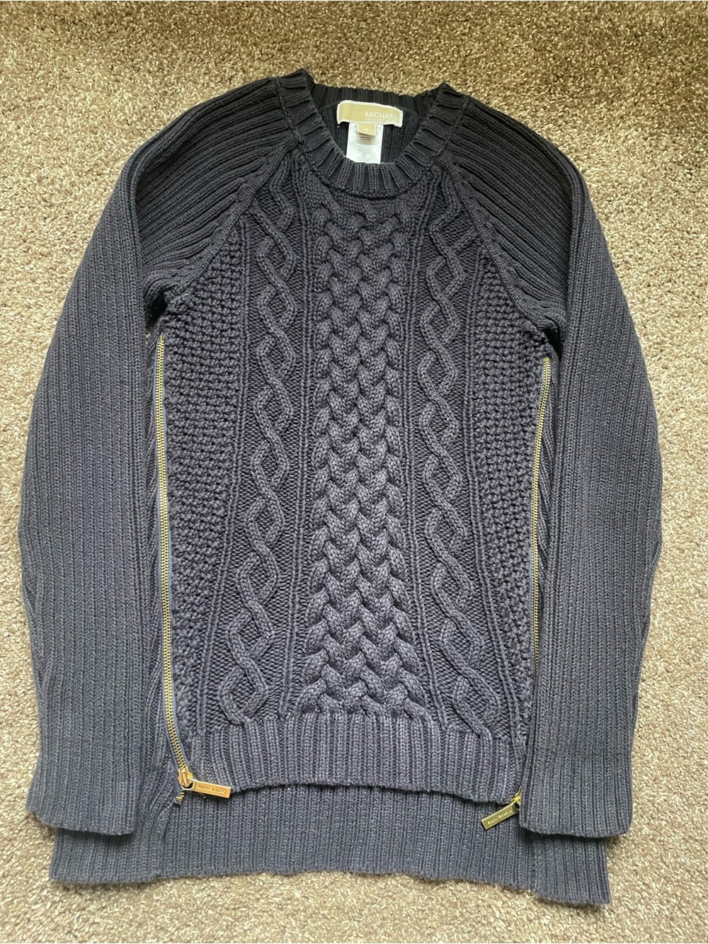 MICHAEL Michael Kors navy Cable-Knit Crewneck Sweater with Gold Zippers